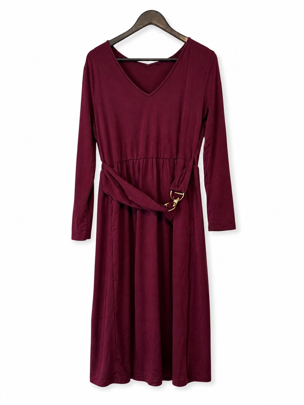 BLOOMCHIC Burgundy V-Neck Gold Buckle Midi Dress 14-16